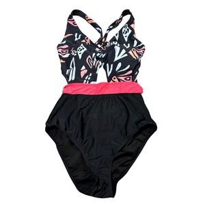 Molybell WomenSize Large Abstract Print Cut-Out One Piece Swimsuit Pink Blk NWT